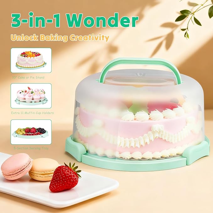 Cake Carrier with Lid and Handle, Bpa-Free Cake Holder with Lid for 10 Inch Round Cake Carrier with 10 pcs Round Golden Cake Boards and Portable Insulated Bag & Two Boxes of Cupcake Paper Liners