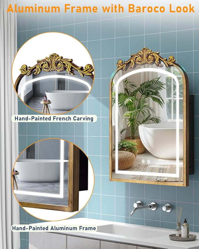20"x30" LED Bathroom Medicine Cabinet with Mirror and Lights, Bronze Hand-Painted Baroque Bathroom Storage with Mirror, Recessed / Wall Mounted, Dimmable 3 Color Lighting Anti-fog ( with 1 Organizer)