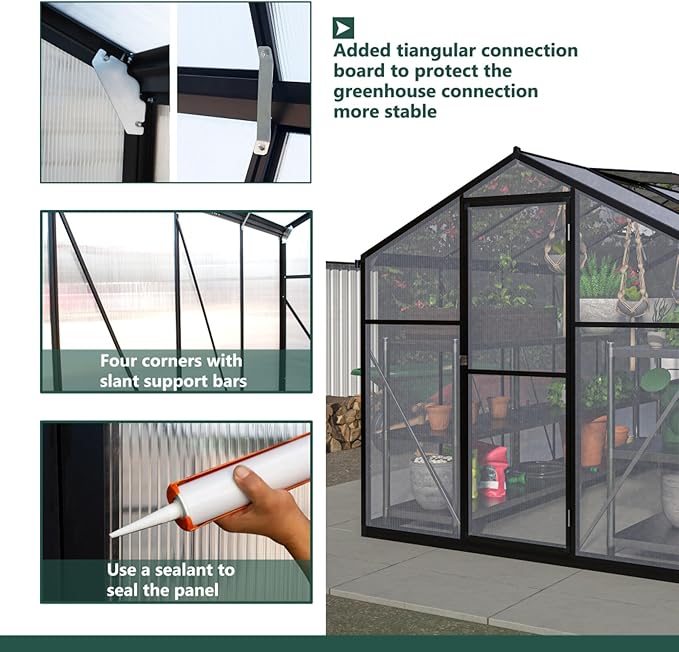 Polycarbonate Greenhouse for Outdoors, Large Walk-in Aluminum Frame Greenhouse with Lockable Door, Adjustable Roof Vent, UV Protection, Weather-Resistant for Garden Backyard (Black,6x10 FT)