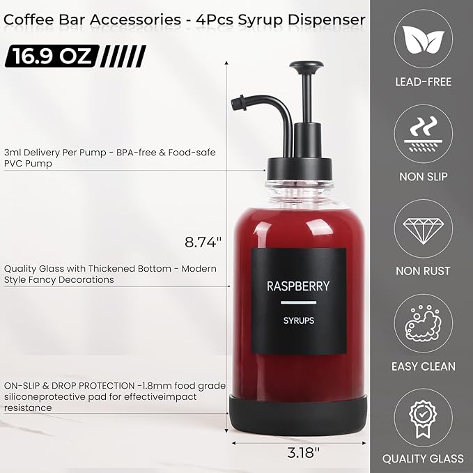 Coffee Syrup Dispenser for Coffee Bar, Set of 4 Non-Slip Glass Syrup Dispenser w. Labels and Silicone Sheath, 16.9 oz 500ml Syrup Pump Dispenser, Coffee Bar Accessories Simple Syrup Bottle w. Pump