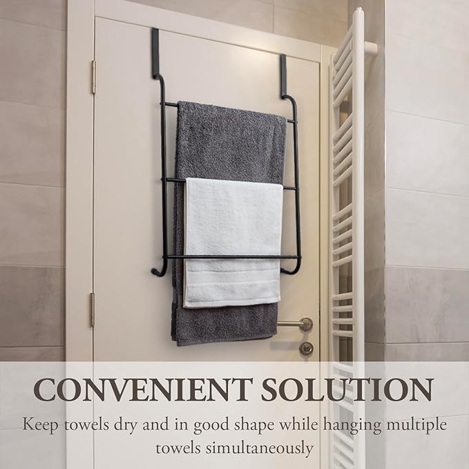 MyGift Over the Door Towel Rack, 3 Tier Modern Triple Towel Holder, Space Saving Bathroom/Laundry Room Clothes Drying Rack, Over Cabinet Towel Bar Hanger, Matte Black Metal