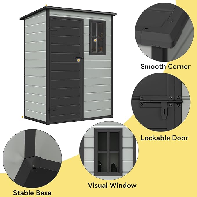 DWVO 5x3 FT Outdoor Storage Shed with Reinforced Floor, All-Weather Resin Storage Shed with Lockable Door & Window, Waterproof Plastic Tool Storage for Garden, Backyard, Patio, Lawn,Blue-Gray+Black
