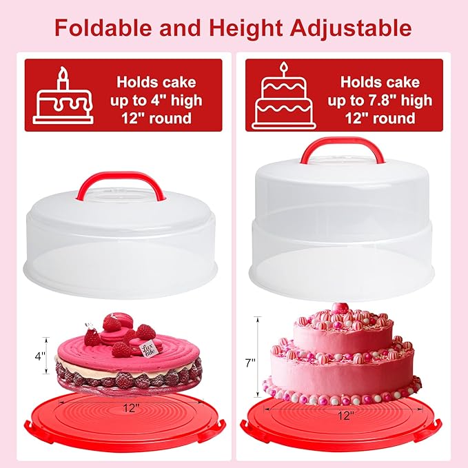 Bundt Cake Carrier, 13.5"Red Cake Carrier with Lid Handle Turntable and Cupcake Holder, Portable Cake Transport Container, Perfect Gifts for Transporting Cakes, Pies, Cupcakes, Nuts, Fruits