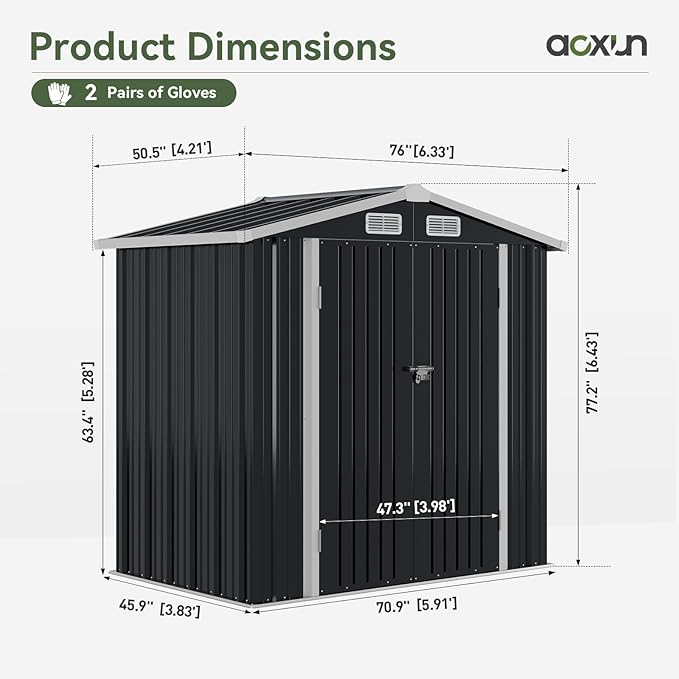 Aoxun 6.2x4 FT Shed Outdoor Galvanized Storage Shed with Large Lockable Doors for Lawn, Backyard, Patio (Black)