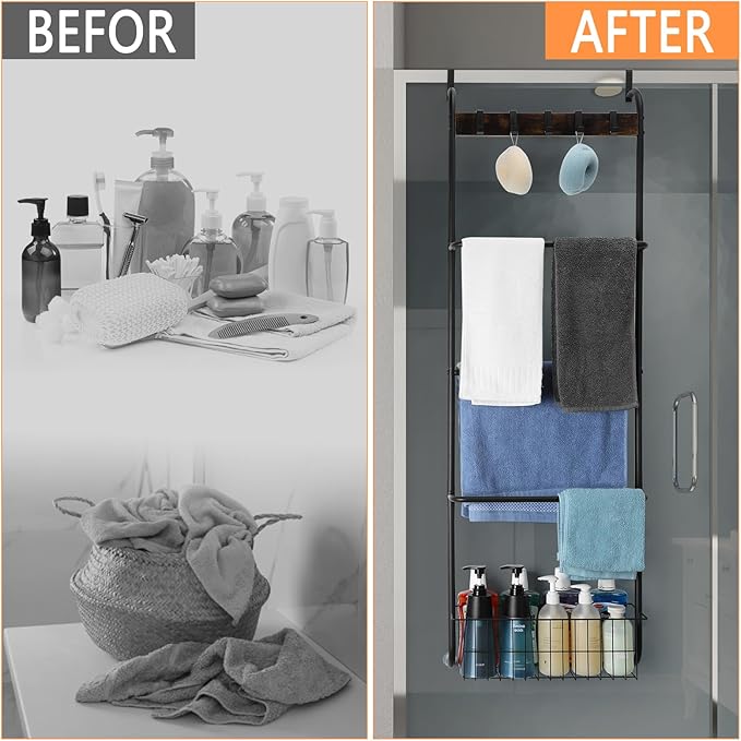 Over The Door Towel Racks for Bathroom,5-Tier Door Towel Holder with Hooks and Basket,Over The Door Towel Bar Hanger Organizer for Bathroom Bedroom Accessories, Blanket Ladder for Living Room Black