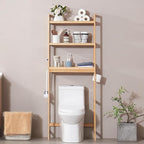 VEVOR Over The Toilet Storage, 3-Tier Adjustable Over Toilet Bathroom Organizer, Bamboo Storage Shelf Rack with 3 Hooks, Freestanding Easy Assembly Laundry Space Saver, Fit Most Toilets, Gray