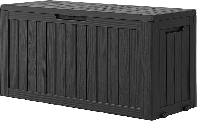 KAMABOKO Deck Box, 75 Gallon Resin Indoor and Outdoor Storage Boxes Waterproof for Garden Tools, Pool Accessories Storage Bench, Patio Furniture and Cushions with Lockable Lid, Black