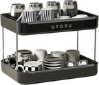 Countertop Coffee Station Organizer, 2 Tier Wine Glass Holder, Mug Display Shelf with Removable Drain Tray, Spice & condiment Rack for Kitchen, Bathroom Countertop Organizer, Black