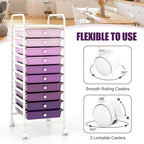 GOFLAME 10-Drawer Rolling Storage Drawer Cart, Utility Cart with Removable Drawers & Metal Frame, Mobile Art Craft Drawer Cart with Lockable Wheels for Home, Office, Studio, School, Purple Gradient