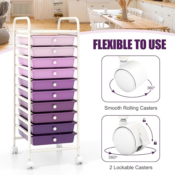 GOFLAME 10-Drawer Rolling Storage Drawer Cart, Utility Cart with Removable Drawers & Metal Frame, Mobile Art Craft Drawer Cart with Lockable Wheels for Home, Office, Studio, School, Purple Gradient