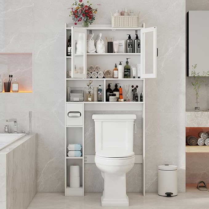 Vabches Over The Toilet Storage Cabinet, Farmhouse Storage Cabinet Over Toilet with Acrylic Doors，Home Space-Saving Toilet Rack, for Bathroom, Restroom, Laundry, White