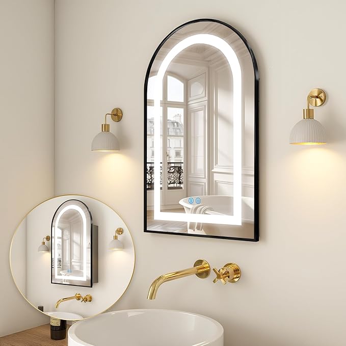 Arched Medicine Cabinet Mirror No Assembly Needed Bathroom Mirror with Storage Recessed or Surface Mount Options (Black-LED, 31.5" L x 19.7" W)