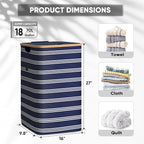 BALEINE Laundry Hamper with Lid, Tall Laundry Baskets with Bamboo Pull Handles, Large Laundry Bin with Internal Support (18 Gal/70L, Blue Pinstripe)