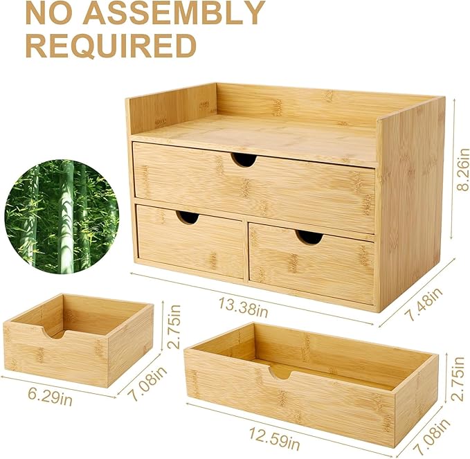 Bamboo Desk Organizer 3 Drawer with Shelf, Countertop Organizer with Drawers Makeup Storage Drawer 3 Drawers Tabletop Storage Organization Box Home Office Workspace