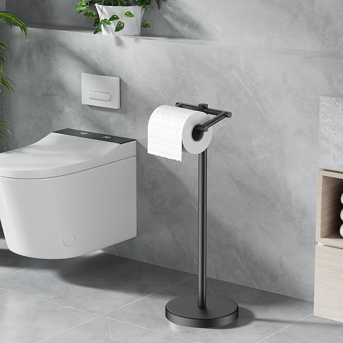 FORIOUS Toilet Paper Holder Wall Mount, Stainless Steel Rustproof Double Post Pivoting Tissue Roll Holder for Bathroom, Commercial Toilet Paper Dispenser Toilet Paper Stand, Matte Black