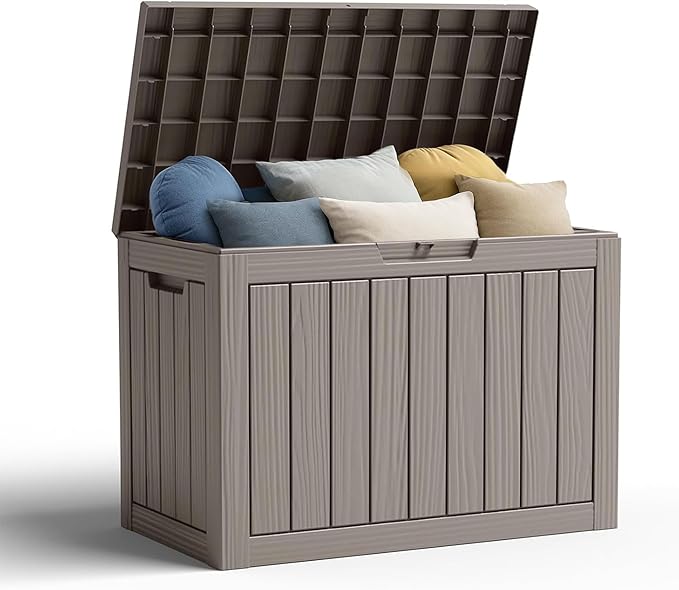 45 Gallon Waterproof Resin Deck Box, UV Resistant Outdoor Storage for Garden, Patio, Porch, Delivery（Grey，45 Gallon）