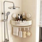 No-Drilling Corner Suction Cup Shower Caddy(1-Pack Cream White),Rust-Proof and Durable Bathroom Organizer with Towel Bar & Hooks,Modern Large-Capacity Wall-Mounted Shower Shelf