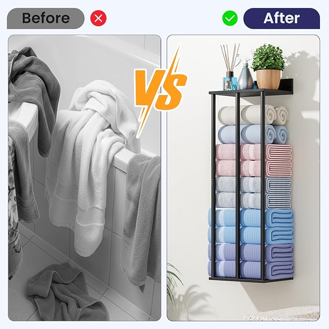 34 Inch Bathroom Towel Rack with Shelf – Modern Towel Holder for Bathroom Wall Mounted, Holds 6 Large Bath Towels, Rolled Towel Organizer for Bathroom, Laundry Room, and Small Space Storage，Black