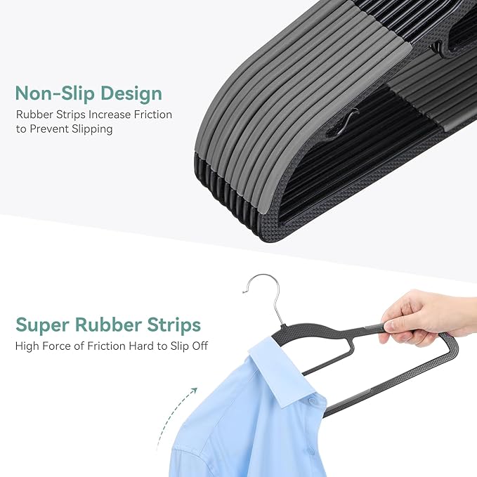 Coat Hangers 50 Pack, Plastic Clothes Hangers Non Slip with Rubber Grip, Heavy Duty Hanger with 360° Swivel Metal Hook, Ultra Thin Hangers Space Saving for Closet Organizer, Black and Dark Gray