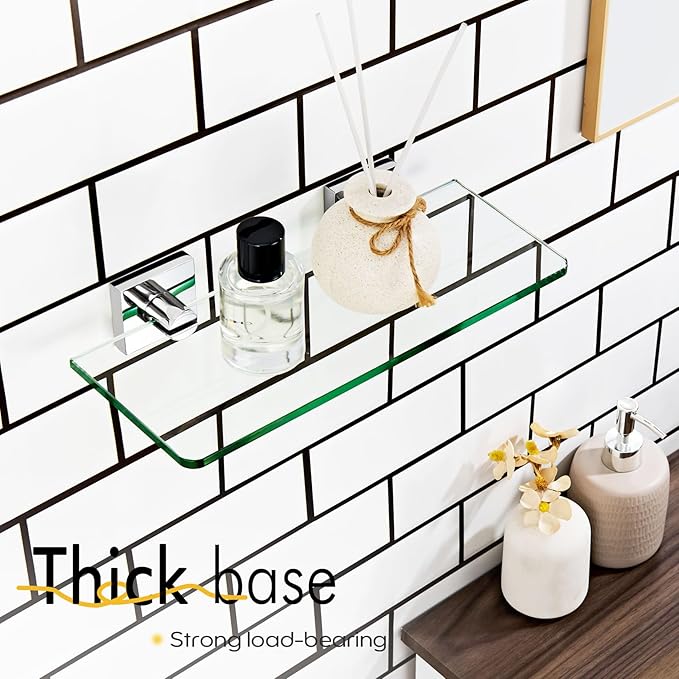KOKOSIRI Bathroom Shelves Wall Mount 12-Inch Floating Tempered Glass Shelf Hanging Rack for Storage Home Decor, Polished Stainless Steel B1107CH-L12