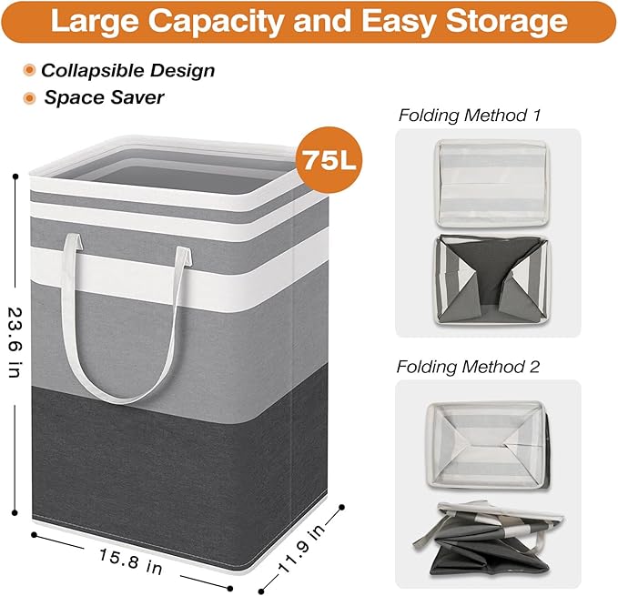 TINGHONG 2-Pack Large Collapsible Laundry Baskets - 75L Freestanding Waterproof Hampers with Reinforced Handles for Clothes, Toys, and More - Ideal for Dorms and Family Use (Gradient Grey)
