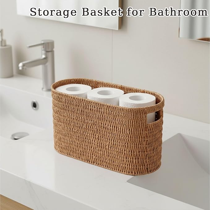 Toilet Paper Storage Holder with Built-in Handles,Toilet Paper Basket for up to 6 Rolls, Wicker Storage Baskets for Organizing,Tank Topper Counter for Bathroom Shelf Bedroom Living Room