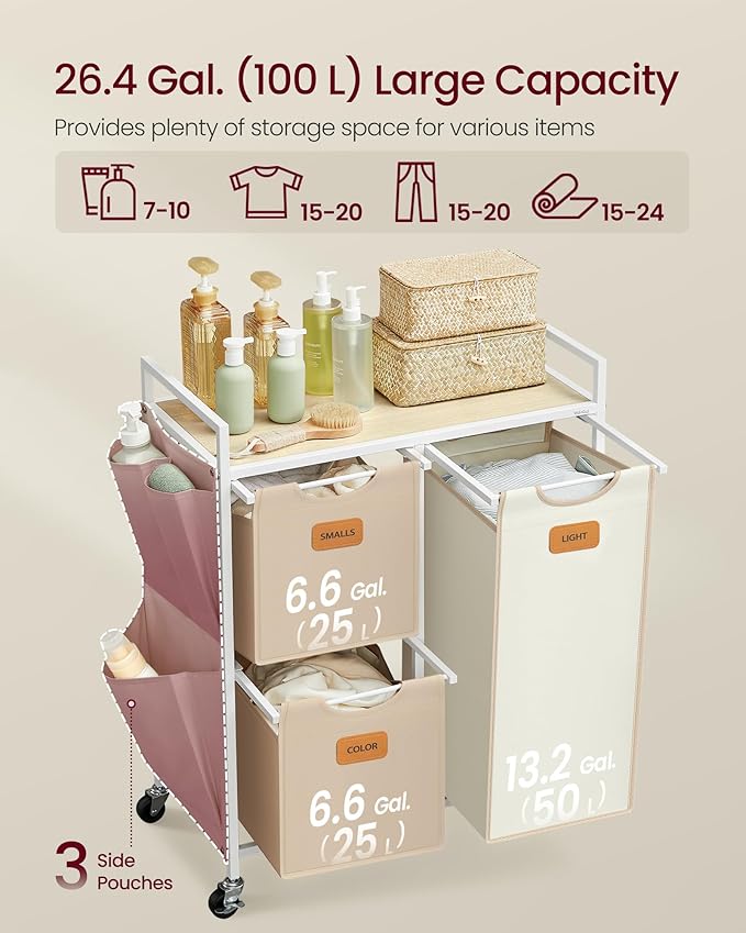 VASAGLE Laundry Hamper with 3 Compartments, 26.4 Gal. (100 L) Laundry Sorter, Rolling Laundry Cart with Shelves, Small Side Pockets, 6 Labels, Natural Beige, Camel Brown and Cream White UBLH202N01