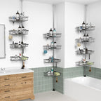 KEGII Corner Shower Caddy Tension Pole with Soap Dish & Razor Holder, Adjustable Bathroom Organizer with Hooks, 25-114.2 Inch Rustproof Storage Shelf for Renters & Apartments, Gunmetal Gray