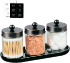 SheeChung 3pcs Glass Qtip Holder with Tray - Oil Rubbed Bronze Bathroom Storage Jars - Apothecary Jar Set for Cotton Swabs & Floss Picks - Decorative Vanity Organizer