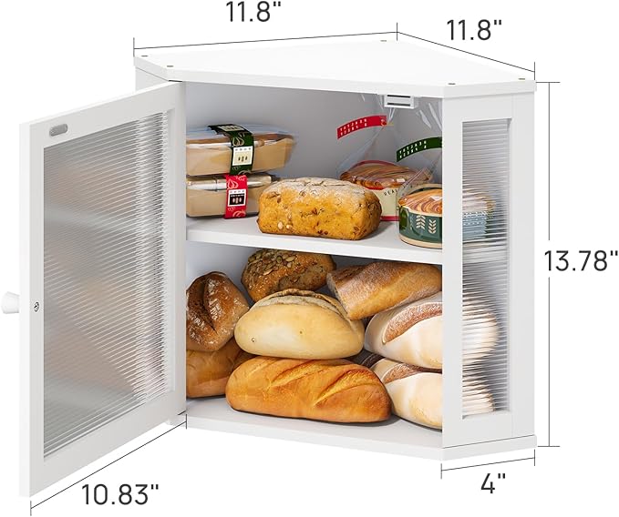 White Bread Box for Kitchen Counter, Bamboo Wood Large Capacity Bread Storage Bin with Acrylic Wavy Door Panel (White, Meduim)