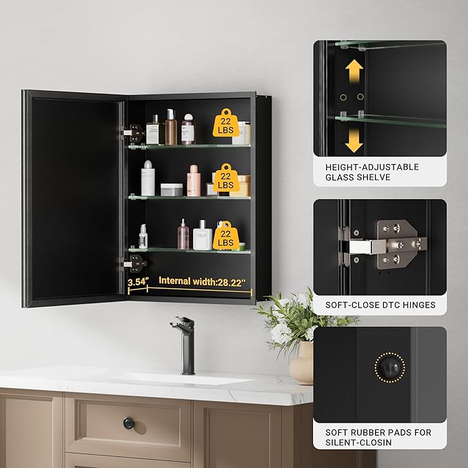30x26 Pre-Assembled Black Medicine Cabinet with Mirror, Surface or Recessed Medicine Cabinet Mirror for Bathroom, Aluminum Beveled Frame Bathroom Vanity Mirror with Adjustable Shelves Storage
