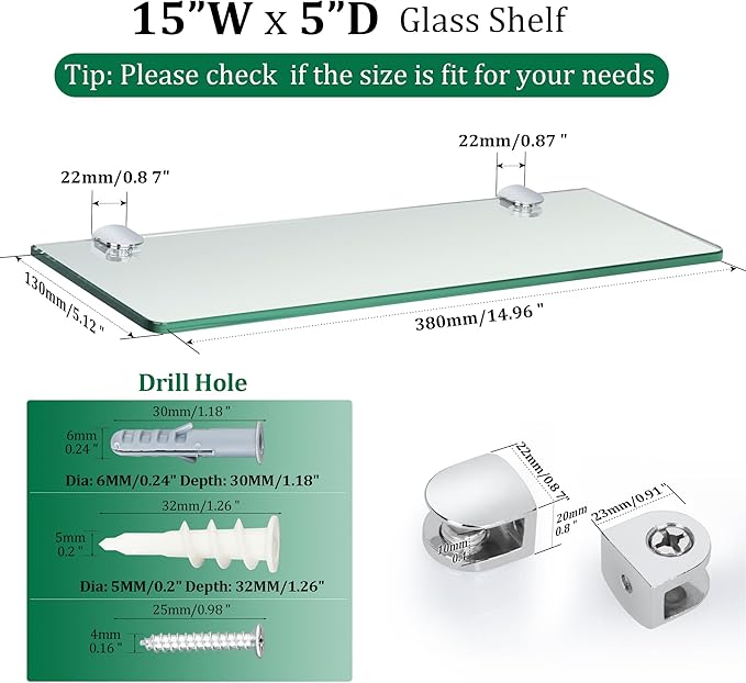 SAYAYO Floating Glass Shelves for Bathroom, Tempered Glass Shelf for Wall 15 x 5 Inch 2 Pack, Clear