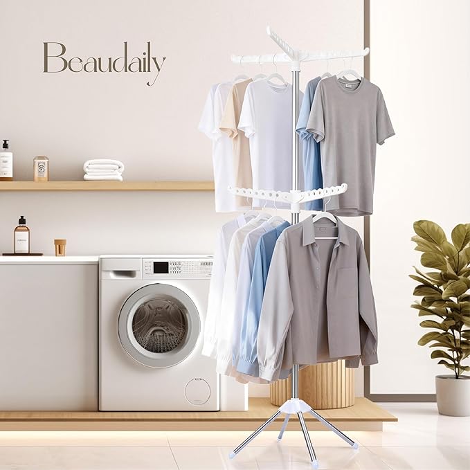 Beaudaily Clothes Drying Rack, Foldable 74.8-Inch Laundry Drying Rack, Indoor 2 Tier Drying Rack Clothing with Rotatable Arms, Stainless Steel, Holds 54 Pieces, Space Saving, White and Silver