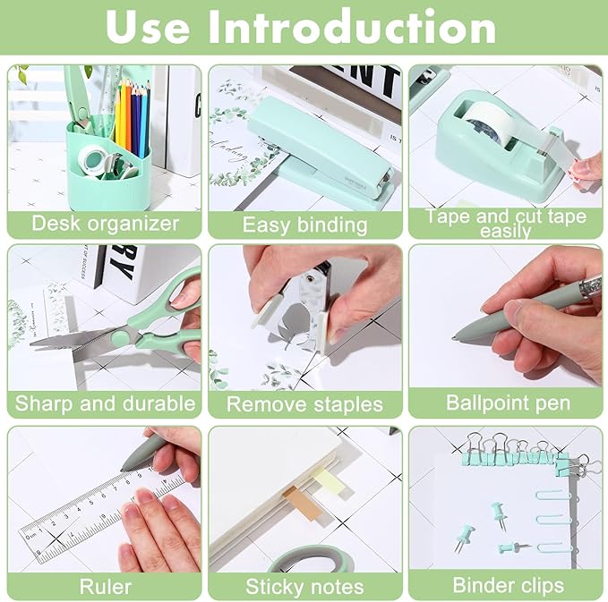Marspark Sage Green Office Desk Accessories 12 Pcs Office Supplies Set 360° Rotating Pen Holder, Stapler, Tape Dispenser, Scissor, Sticky Notes, Binder Clips, Desk Organizers Gift for Home School