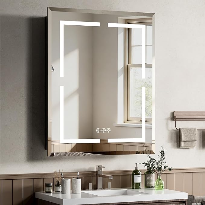 24X30 Inch Lighted Medicine Cabinet with Mirror and Lights, Recessed Mirror Medicine Cabinet with Adjustable 3-Color, Brightness Dimming, Defogger, LED Bathroom Mirror Cabinet Wall Mounted