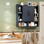 RUSTOWN Rustic Wood Wall Bathroom Cabinet, Farmhouse Medicine Cabinet Wall Mounted, Space Saving Wall Storage Cabinet with 2 Barn Door, 3-Tier Adjustable Shelves and Towel Bar(Navy Blue)