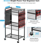 JUNNUJ Large Power Tool Organizer Cart with Charging Station, Garage Floor Standing Rolling Drill and Tools Battery Storage Cart on Wheels, Heavy Duty Utility Rack Shelf with 8 Outlet Power Strip, Red