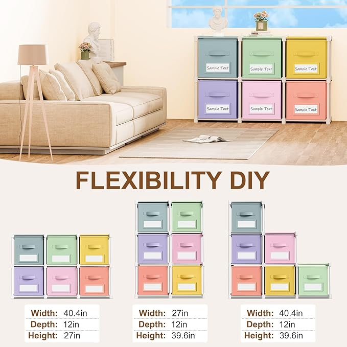 Geelin 6 Cube Toy Storage Organizer with Fabric Bins and Labels, 11 Inch Collapsible Colorful Cubby Storage Drawers Pastel Dresser with Shelf for Playroom Nursery Closet Bedroom Dorm