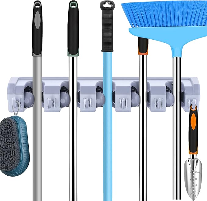 Broom Hanger Wall Mount Broom and Mop Organizer Wall Hanging Garden Tool Organizers Rack Garage Laundry Room Organizations and Storage with Hooks Heavy Duty