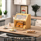 Bread Box for Kitchen Countertop Bin Double Layer Bread Box Storage Container Extra Large Capacity with Diamond Pattern Windows (Natural, Extra Large)
