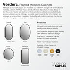 Kohler 35570-BGL Verdera® Framed Bathroom Medicine Cabinet with Mirror, Rectangular Design, Mirrored Interior, Adjustable Glass Shelves, Rustproof, 22 in. W x 34 in. H, Moderne Brushed Gold