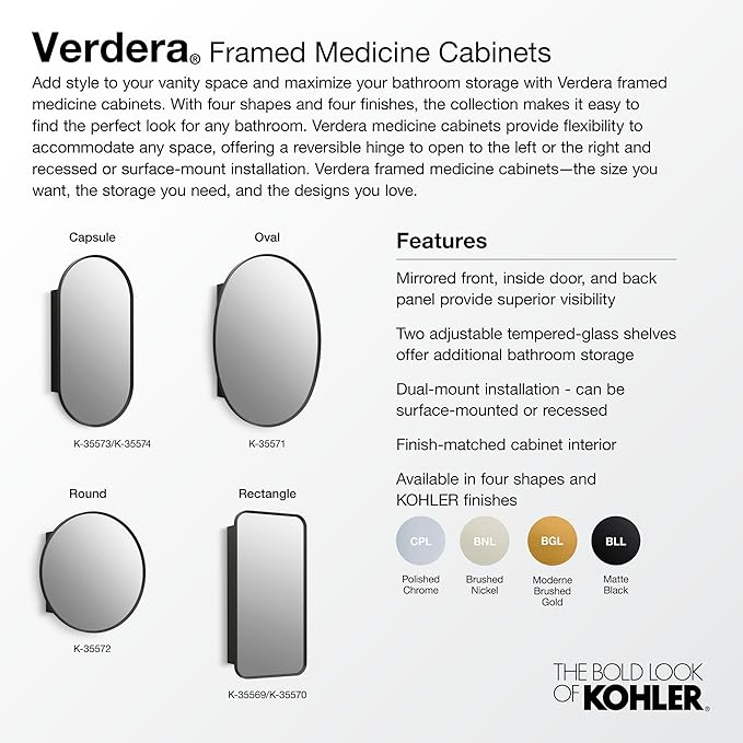 Kohler 35574-BGL Verdera® Framed Bathroom Medicine Cabinet with Mirror, Capsule Design, Mirrored Interior, Adjustable Glass Shelves, Rustproof Aluminum, 20 in. W x 40 in. H, Moderne Brushed Gold