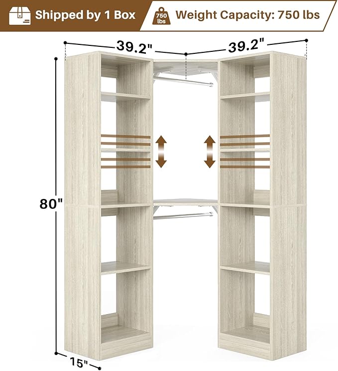 Corner Closet System with 12 Shelves, 39.2" Corner Closet Organizer System with 2 Hanging Rods, Versatile 6-Tier Walk-in Closets for Corner Space, White Oak (39.2" L x 39.2" W x 80" H)