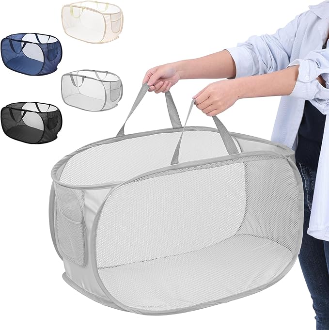 4 Pcs Foldable Pop Up Laundry Hampers, Mesh Laundry Basket with Side Pocket, Dirty Clothes Basket for Bathroom Travel Dorm Home Laundry Room Organization (4 Colors)