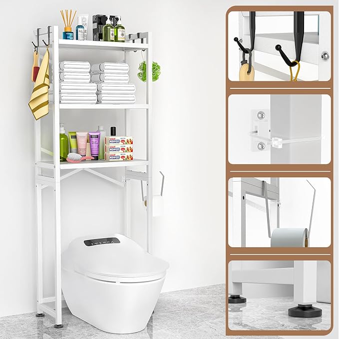 ZZL Over The Toilet Storage,3-Tier,Bathroom Toilet Organizer,Multifunctional Space Saver Freestanding Bathroom Shelves with 4 Hooks,White