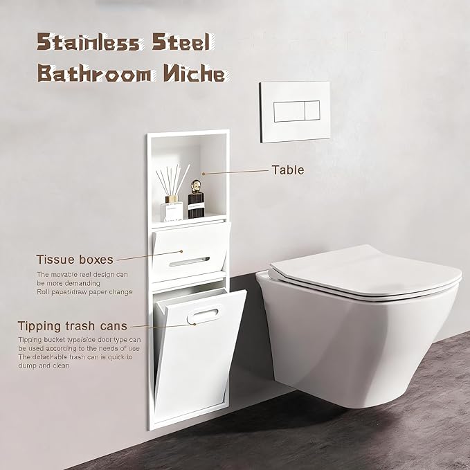 Stainless Steel Shower Nich, 25.4X11.2IN Recessed Waterproof Bathroom Niche, Built-in Trash Can Alcove, Toilet Paper Toiletries Storage Rack for Kitchen Living Room Bedroom Hotel Residential