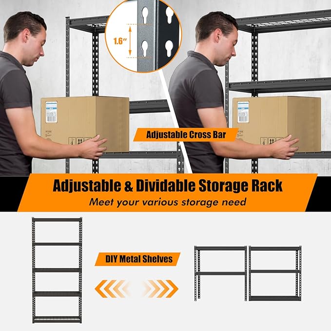 Giantex 4Pcs 5-Tier Storage Shelves, 35.5" x 12" x 72" Height Adjustable Metal Storage Utility Rack Shelf with Anti-Tipping Device, Heavy Duty Garage Shelving for Warehouse, Basement, Kitchen, Black