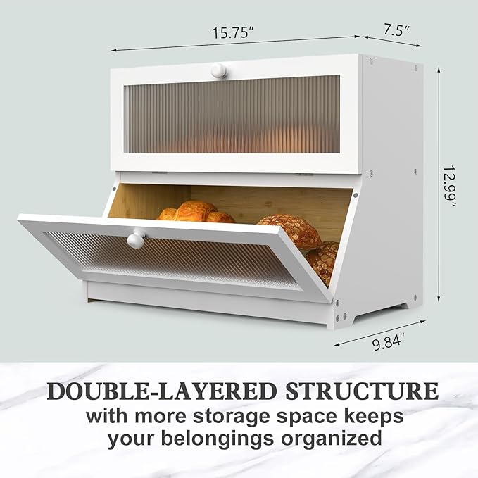 Bamboo Bread Box for Kitchen Countertop, Double Layer Large Bread Storage Container for Homemade Bread with Window & Lid, Bread Keeper Holder, White