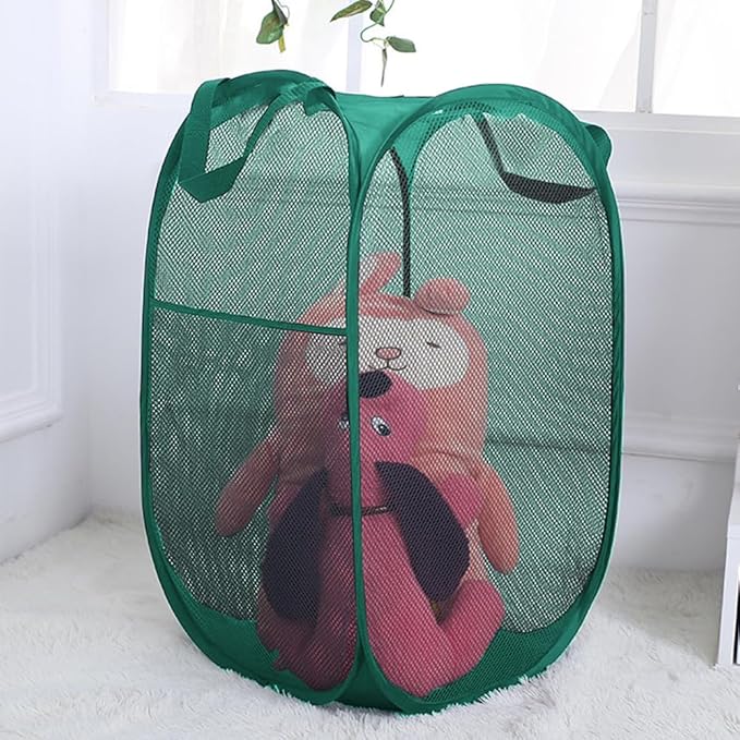 Larpur Pop Up Laundry Basket, Foldable Mesh Laundry Hamper Collapsible Clothes Basket Portable Dirty Clothes Hamper for Home, Dorm, Travel, Green