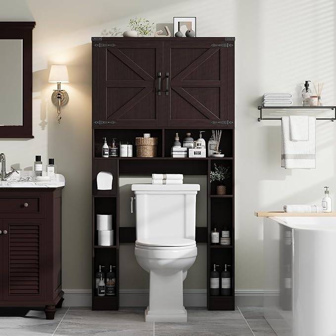 Vabches Over The Toilet Storage Cabinet, Farmhouse Storage Cabinet Over Toilet with 2 Barn Doors ，Toilet Paper Holder Stand，Home Space-Saving Toilet Rack, for Laundry, Restroom, Bathroom(Walnut)